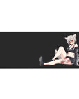 Anime girl desk pad 36x16 inches with fox girl, snowy hair, fluffy ears, sporty black outfit, tattoo.