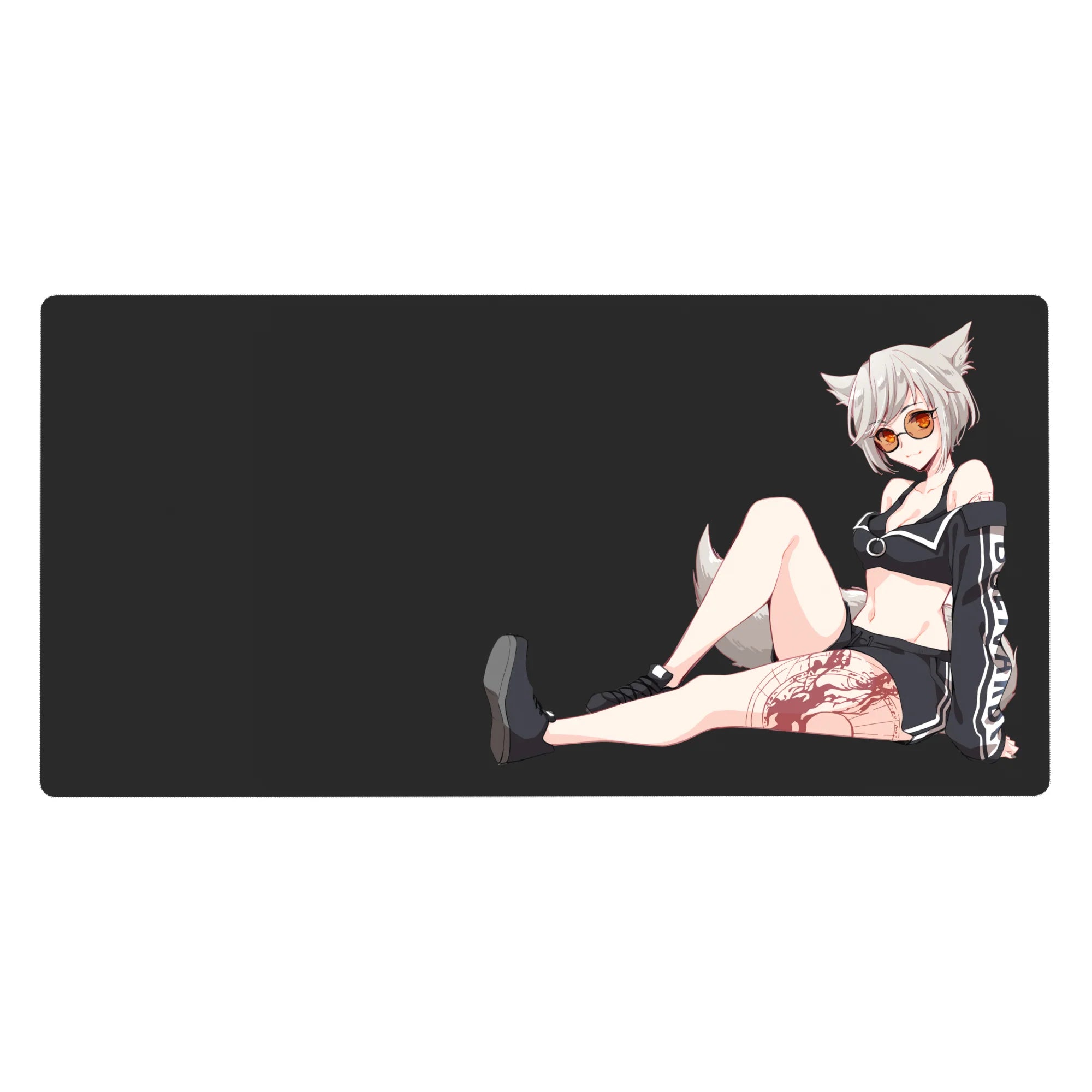 Anime girl desk pad 40x20 inches with fox girl, snowy hair, fluffy ears, sporty black outfit and tattoo.