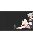 Anime girl desk pad 40x20 inches with fox girl, snowy hair, fluffy ears, sporty black outfit and tattoo.