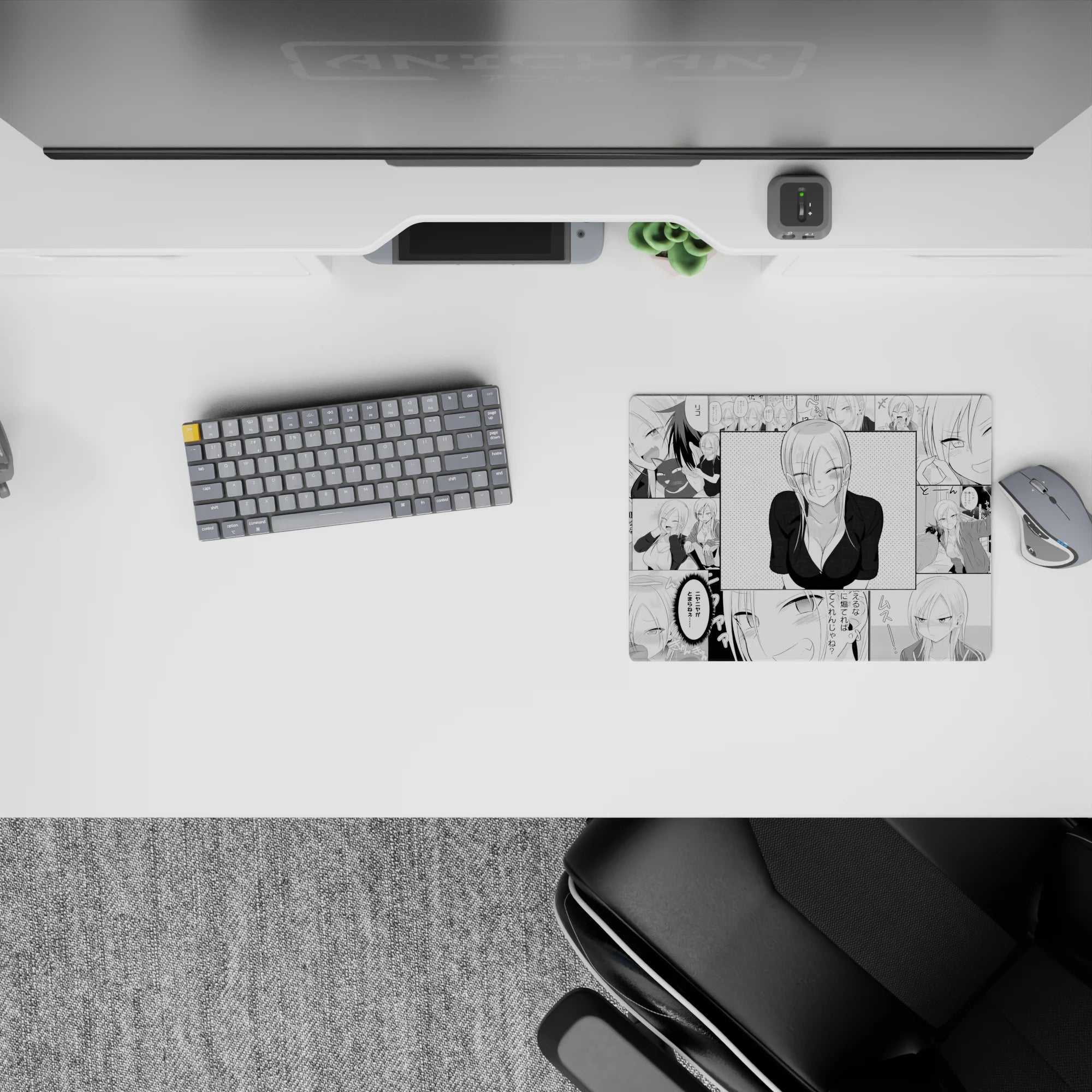 Black-and-white dot-shade anime girl mouse pad 14x10 inches, bold contrast with a flirty, chaotic vibe.