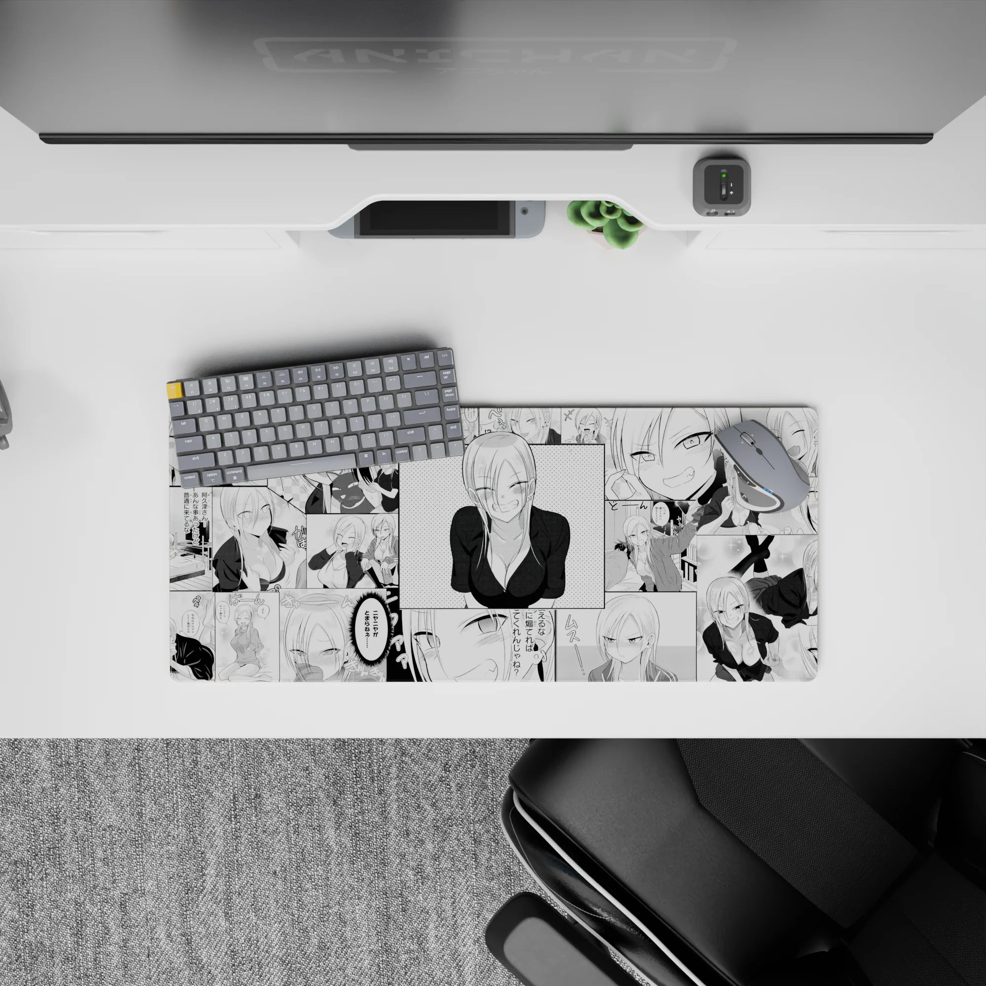 Black-and-white anime girl mouse pad 28x12 inches with bold contrast, flirty vibe, and playful chaos.