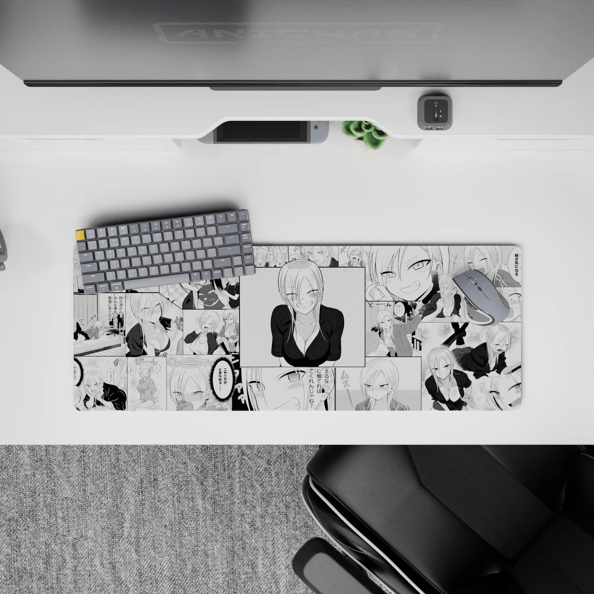Black-and-white desk mat with blonde anime girl and deep V black top, 32x12 inches, cheeky vibe.