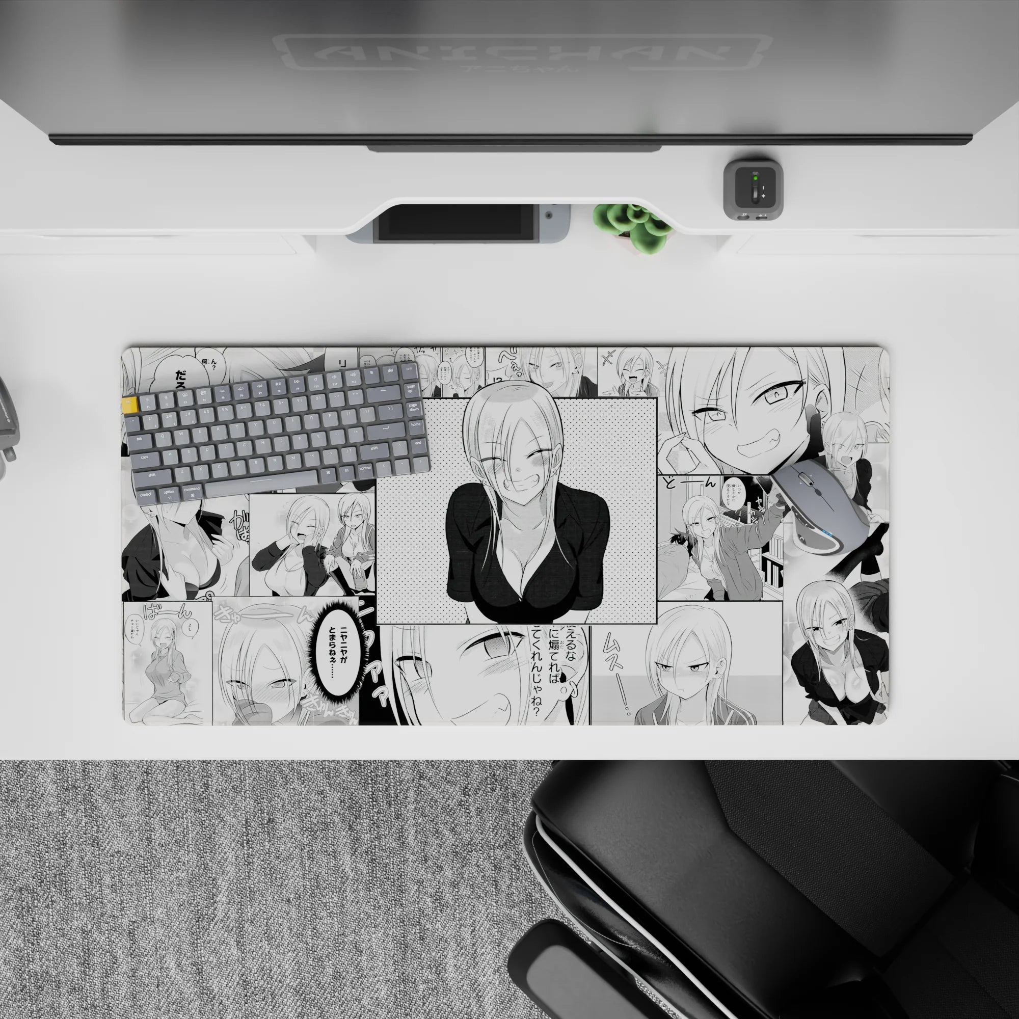 Black-and-white dot-shade anime desk mat with blonde pinup vibes and playful chaos, 32x16 inches.