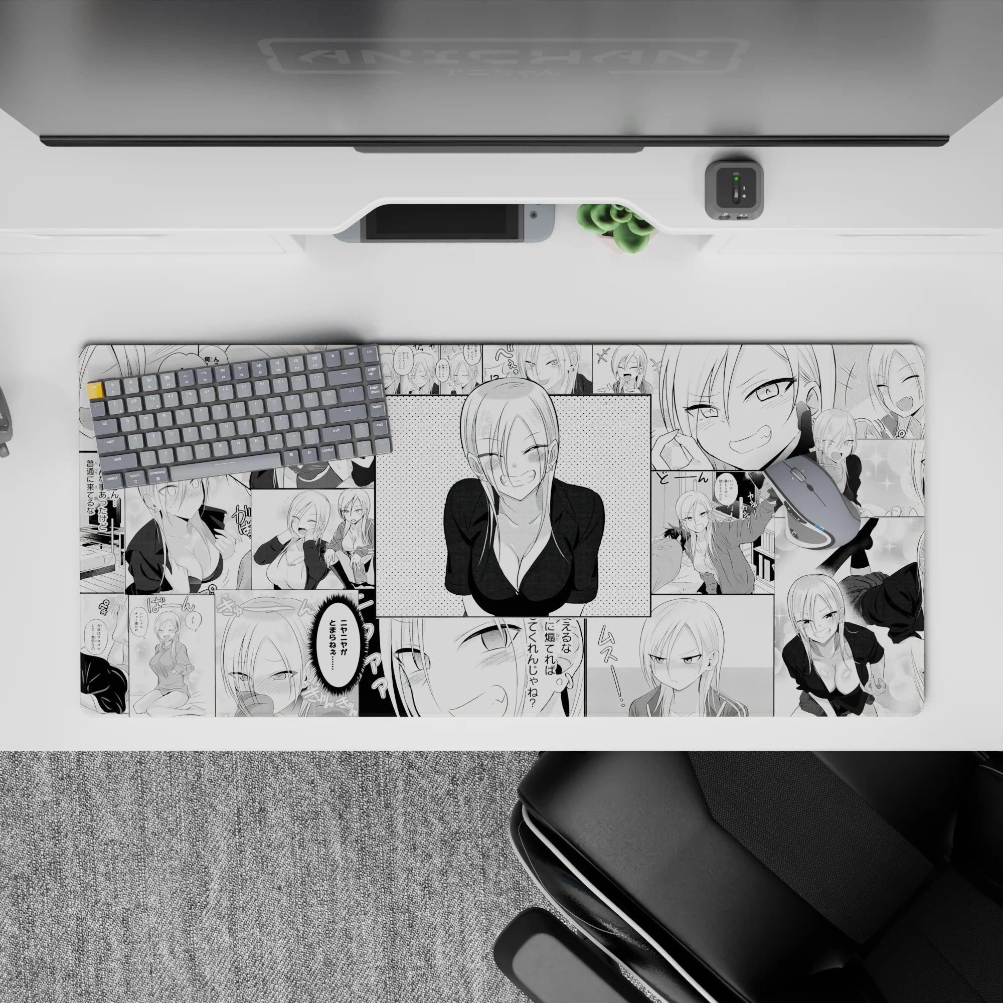 Black-and-white anime desk pad 36x16 inches with bold dot-shade texture and flirty, chaotic vibe.