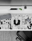 Black-and-white anime desk pad 36x16 inches with bold dot-shade texture and flirty, chaotic vibe.