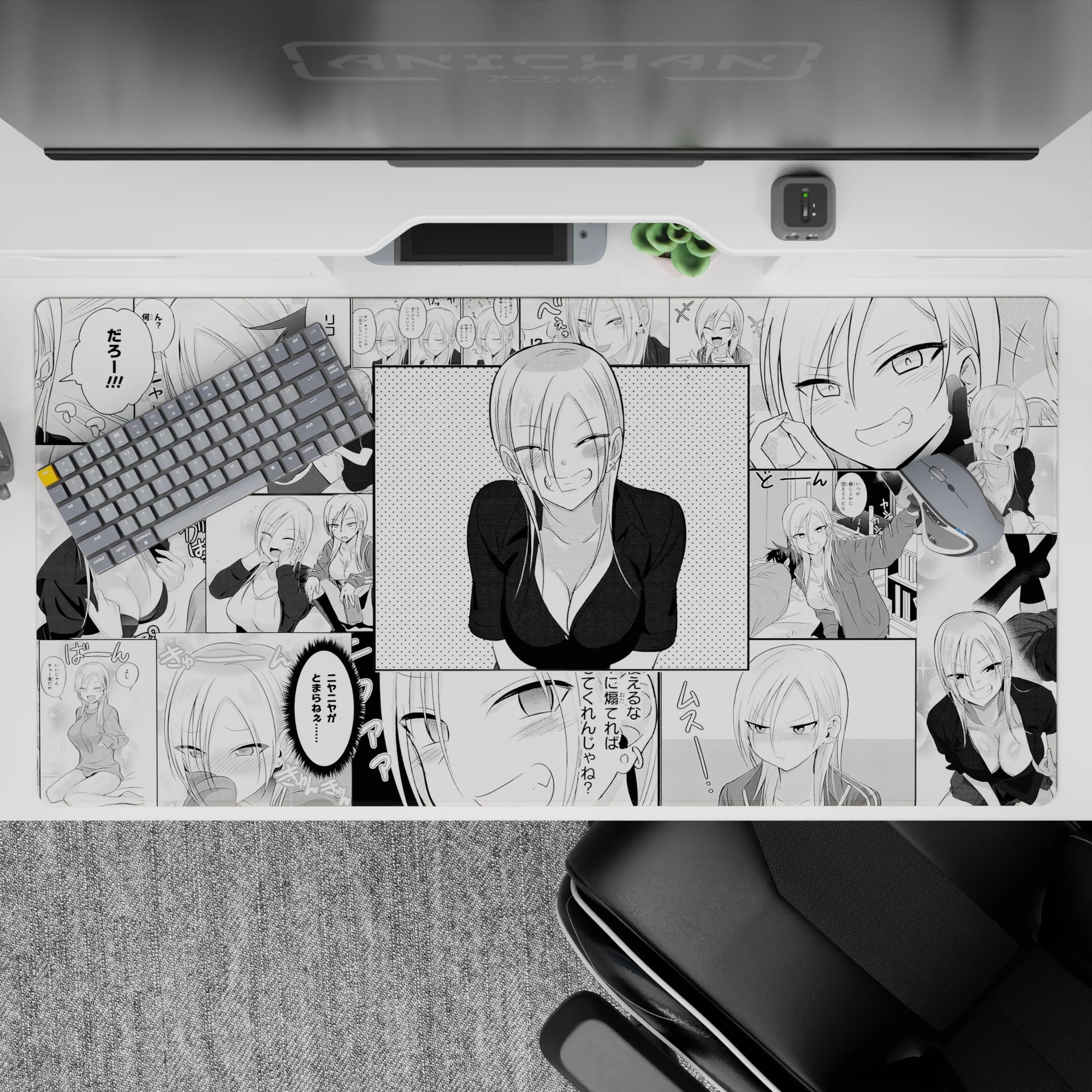 Black-and-white dot-shade anime desk pad 40x20 inches with bold contrast and flirty, chaotic energy.