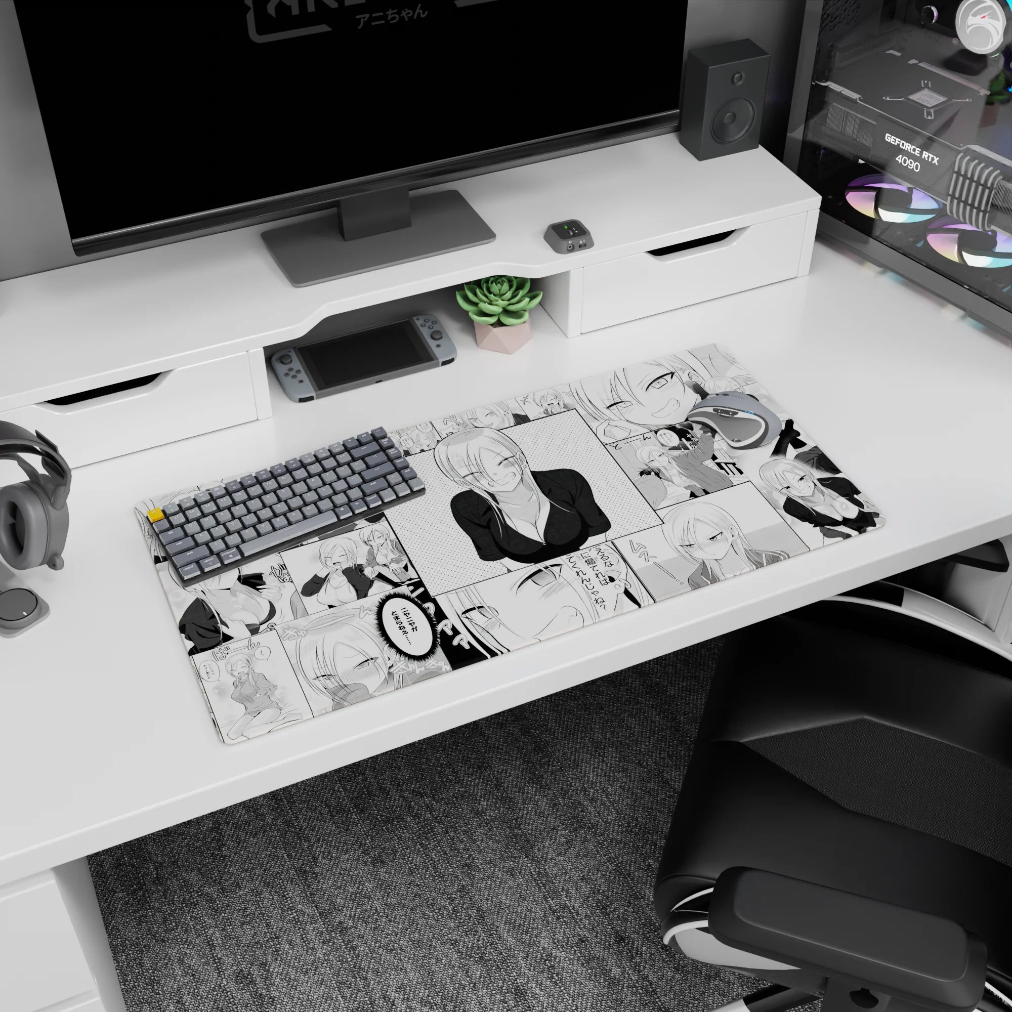 Blonde anime girl smirking with side-swept bangs in a deep V black top on desk pad, 32x16 inches.