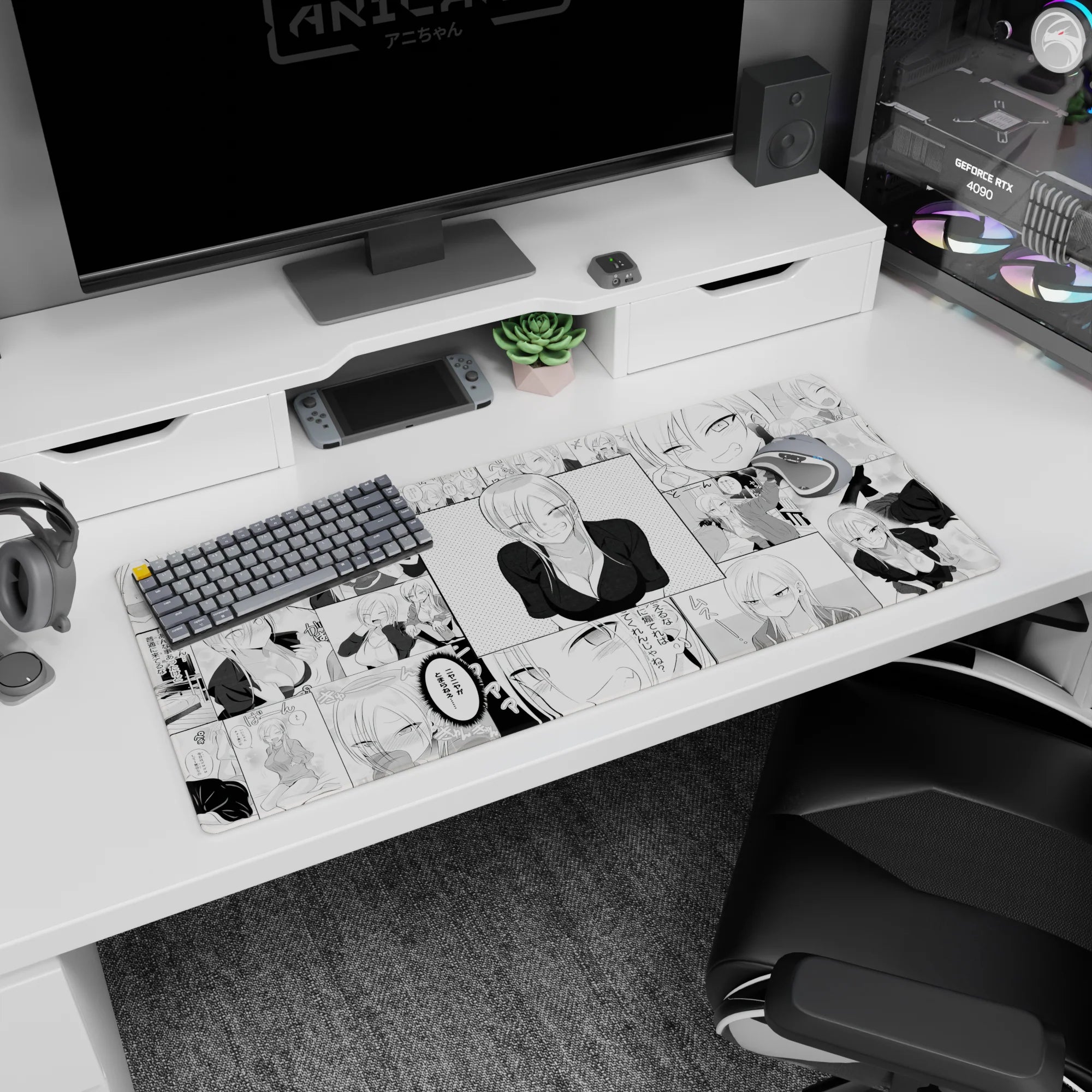 Blonde anime girl leaning in with sly grin in deep V black top on manga desk pad 36x16 inches.