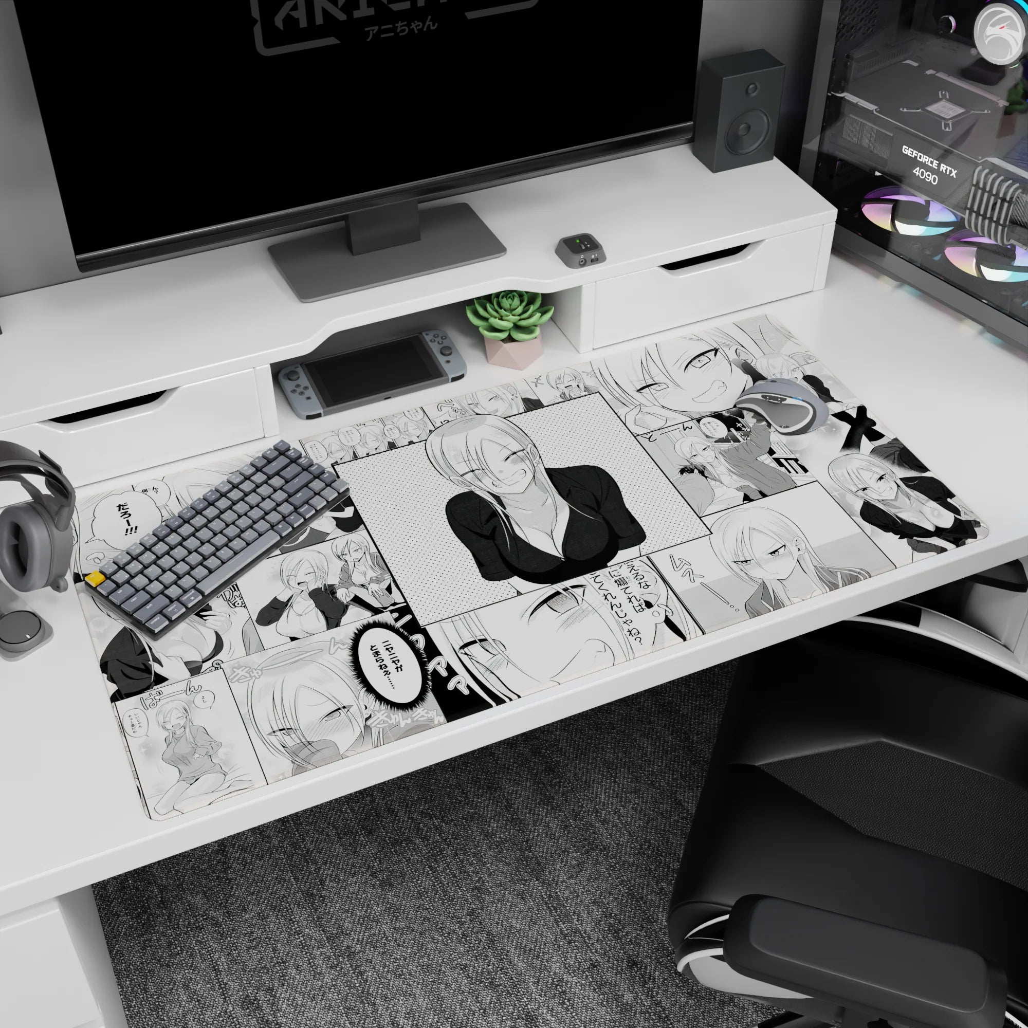 Blonde anime girl smirking in a deep V black top on manga panel desk pad 40x20 inches.