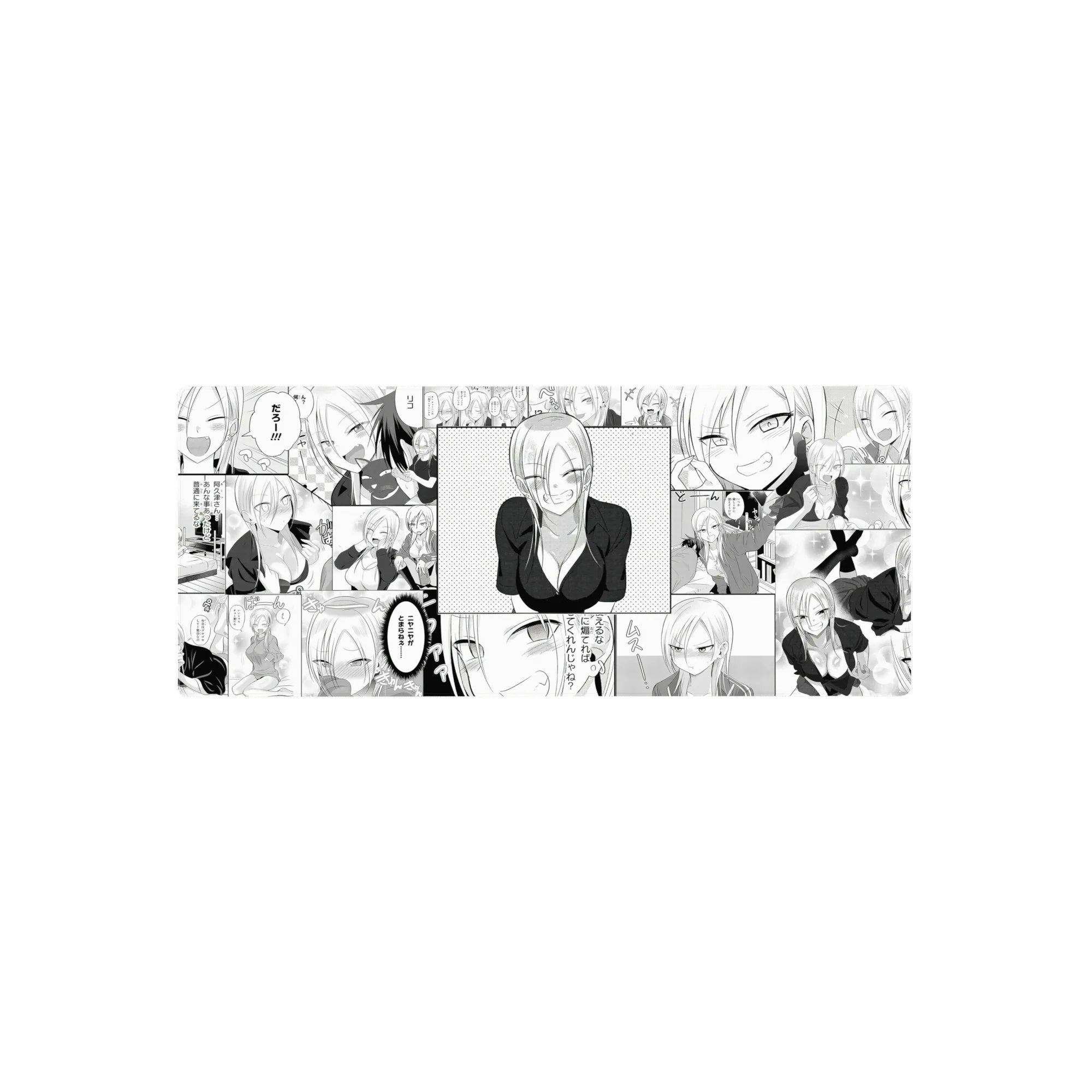 Anime girl manga collage desk mouse pad 28x12 inches with comic panels, speech bubbles, and dot shading.