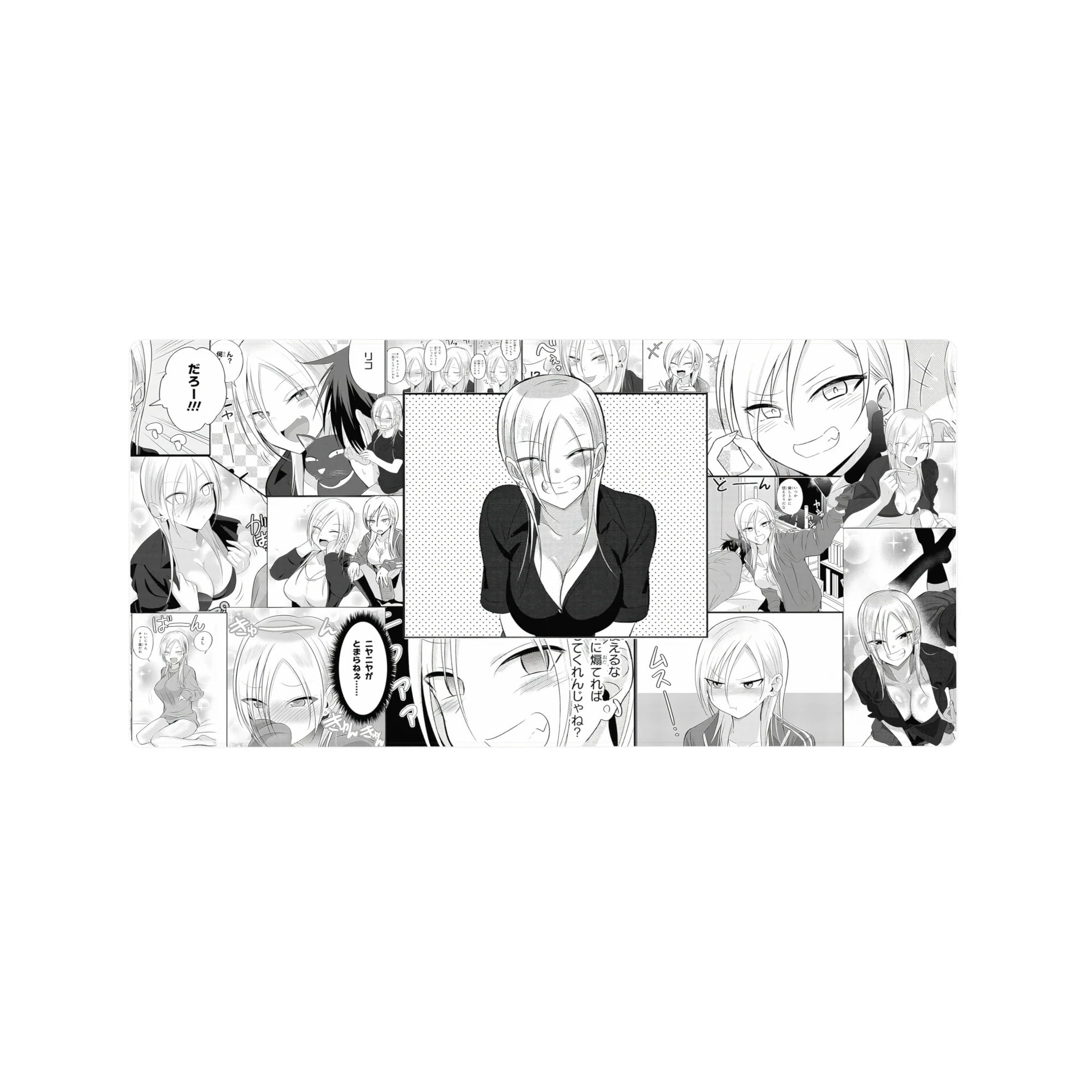 Flirty manga collage anime girl mouse pad, comic panels and bold speech bubbles, 32x16 inches.