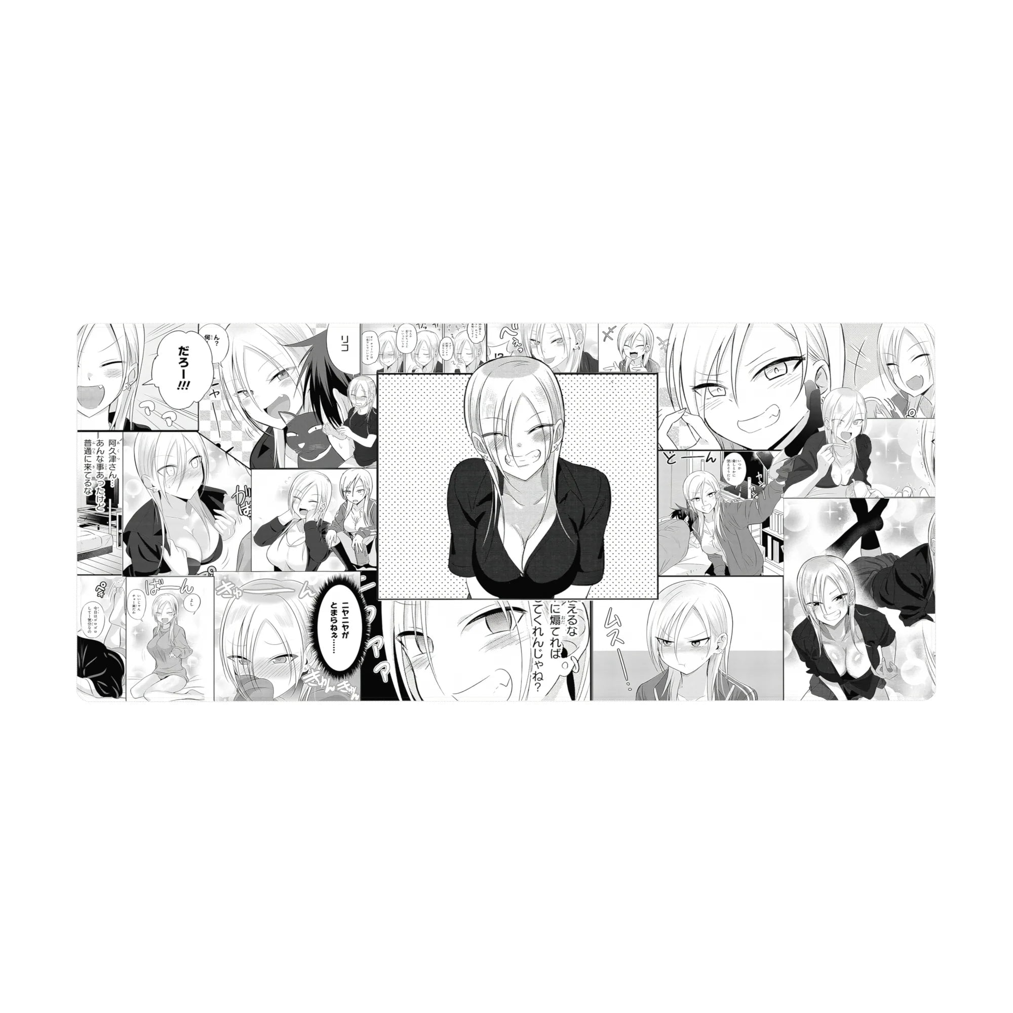Manga collage anime girl desk pad 36x16 inches with comic panels, smirks, poses, and speech bubbles.
