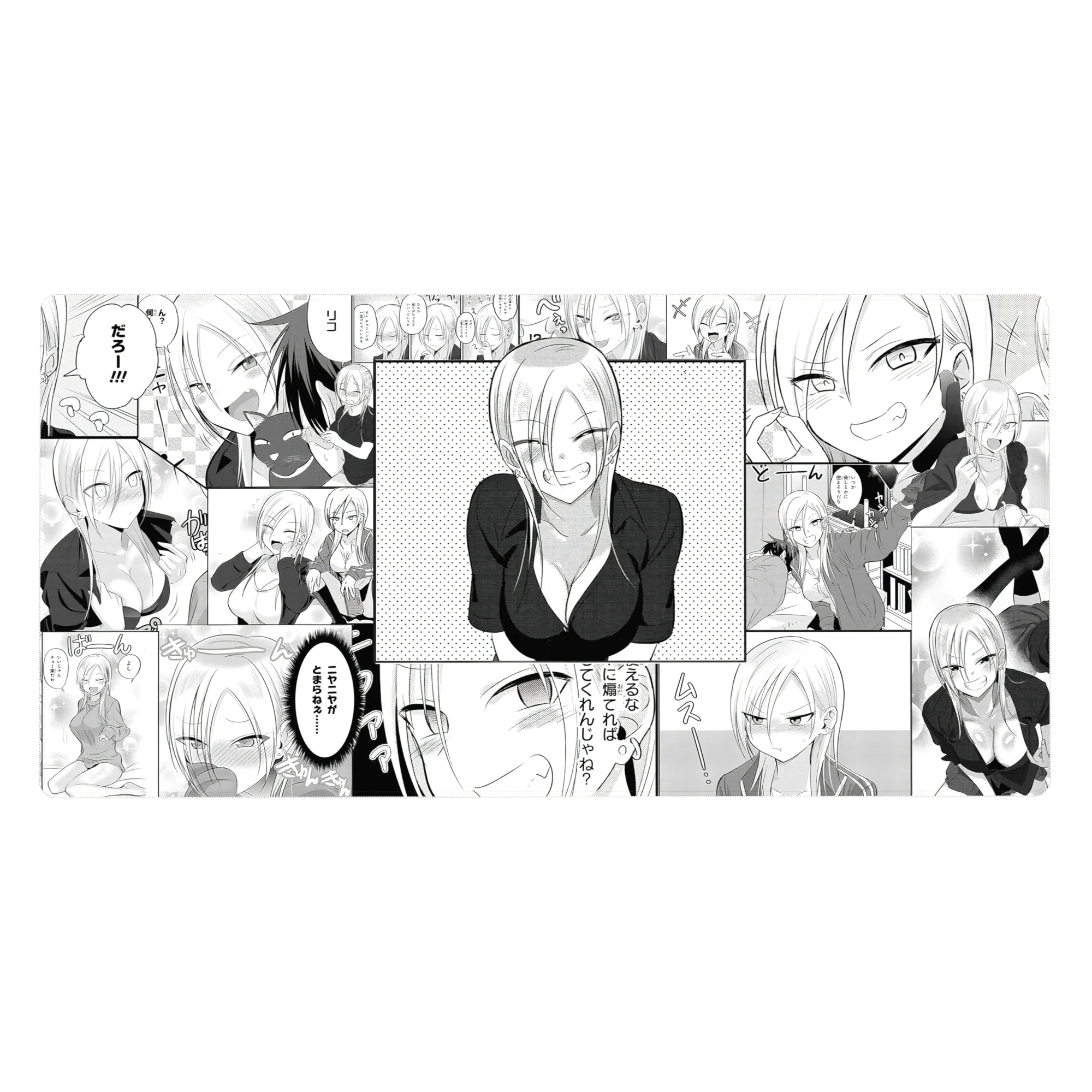 Manga collage anime girl desk pad 40x20 inches with comic panels, speech bubbles, and playful poses.
