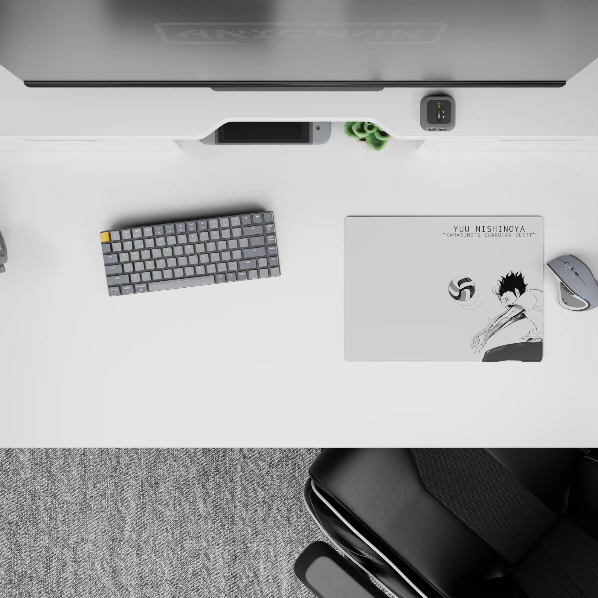 Black-and-white anime mouse pad 14x10 inches with sharp minimal ink art, airy calm desk vibe.