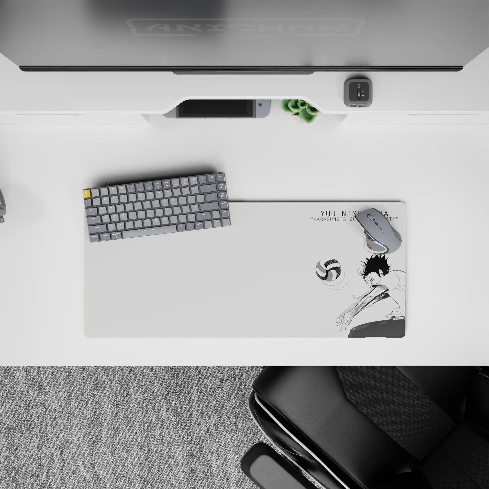 28x12 inches black-and-white anime mouse pad with sharp airy line art and calm desk vibe.