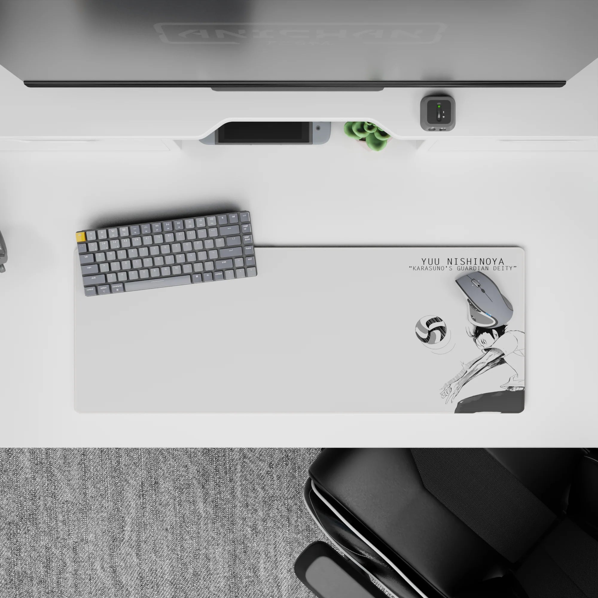 32x12 inches black-and-white ink anime mouse pad, airy white space with sharp, intense action mood.