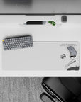 32x12 inches black-and-white ink anime mouse pad, airy white space with sharp, intense action mood.