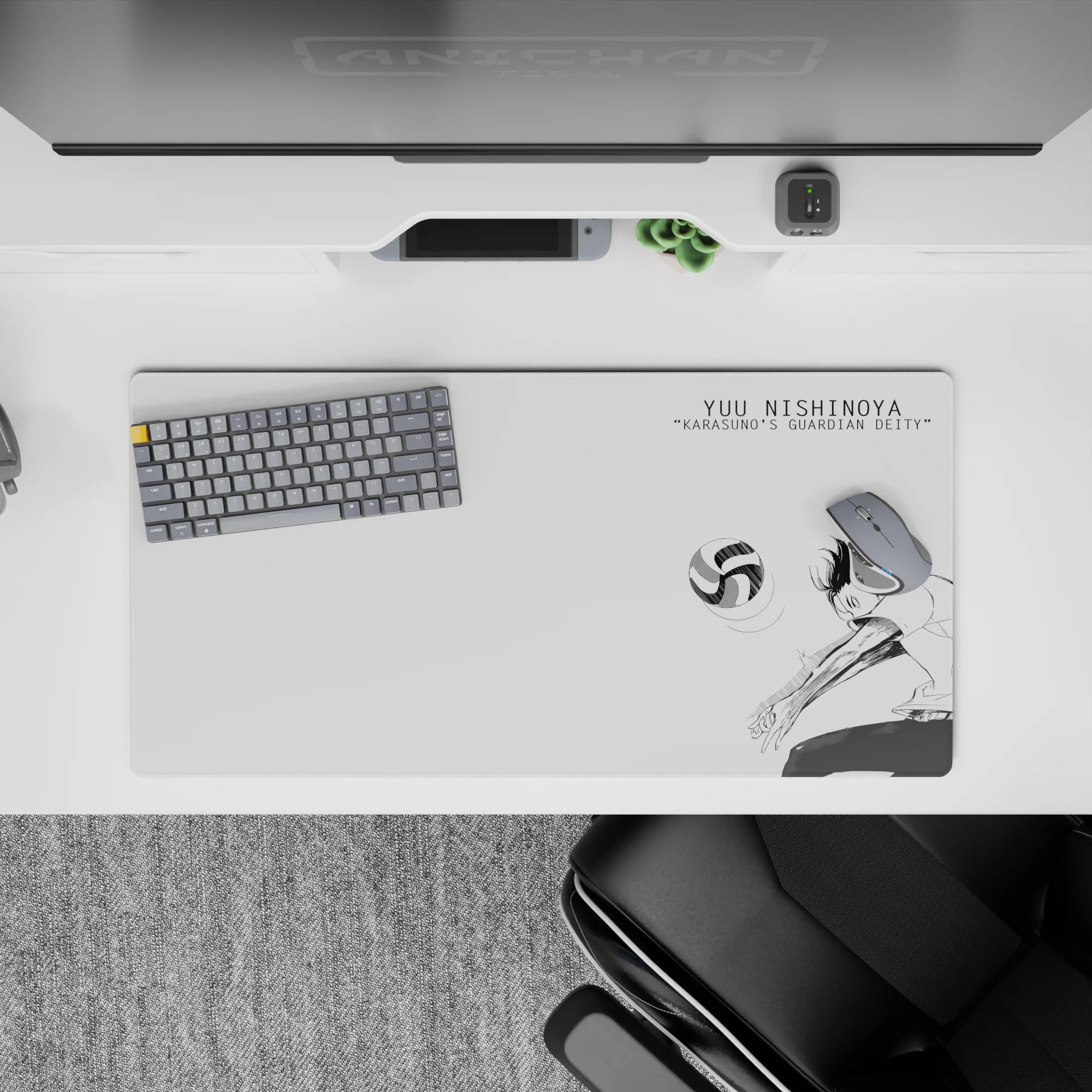 32x16 inches black-and-white anime mouse pad with sharp airy ink lines and calm white-space vibe.