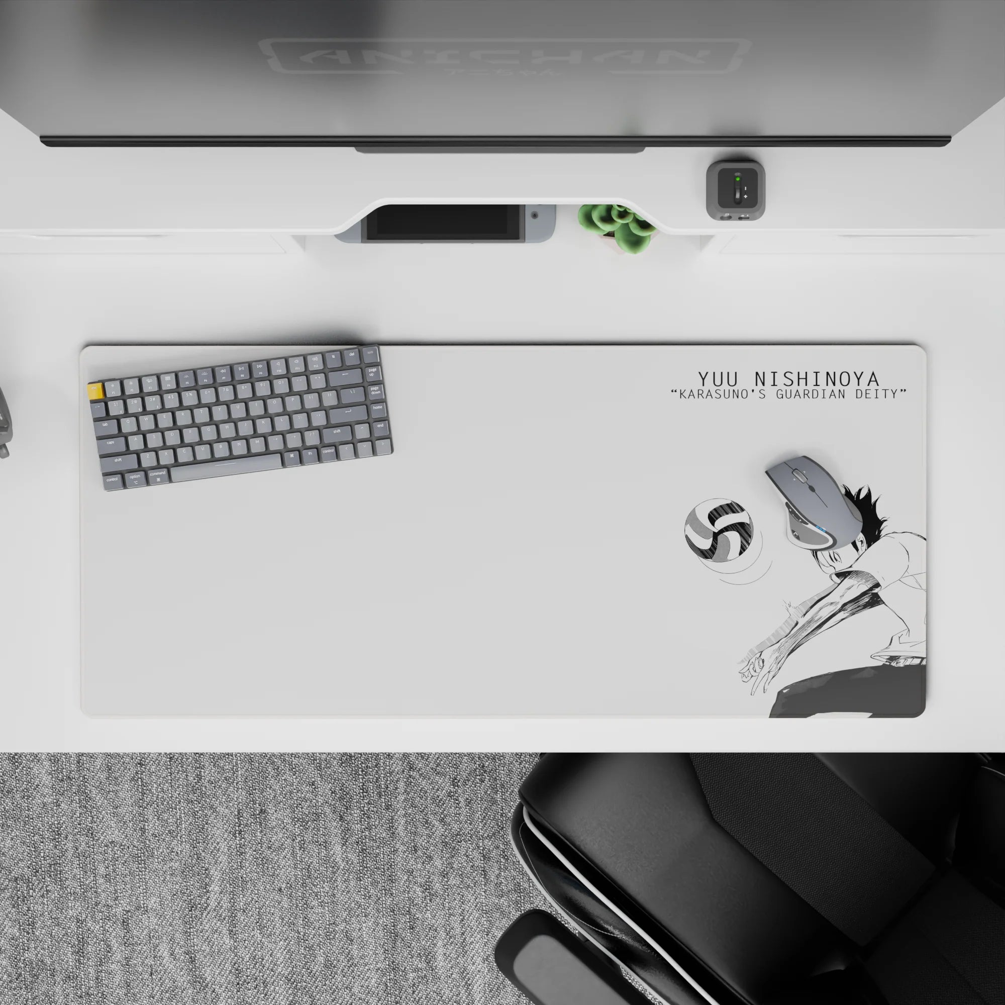 Minimalist black-and-white 36x16 inches anime desk pad with airy ink lines and intense hype mood.