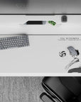 Minimalist black-and-white 36x16 inches anime desk pad with airy ink lines and intense hype mood.