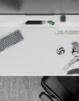 Minimal black-and-white anime desk pad 40x20 inches, sharp airy line art for a calm desk with intense energy.