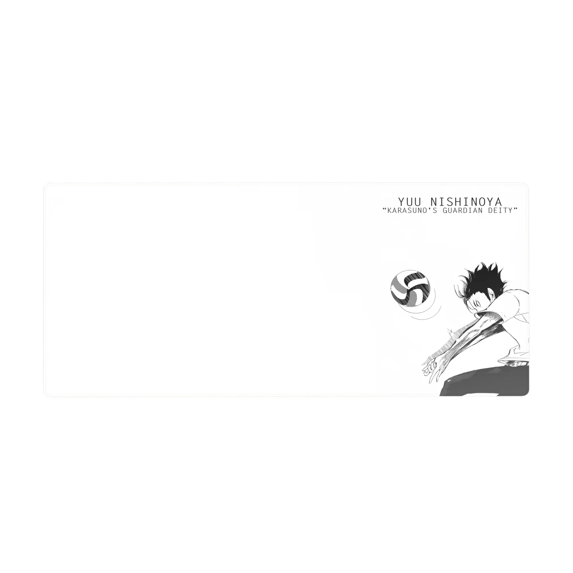 Haikyuu anime desk pad 36x16 inches with dynamic black-and-white volleyball defense illustration.