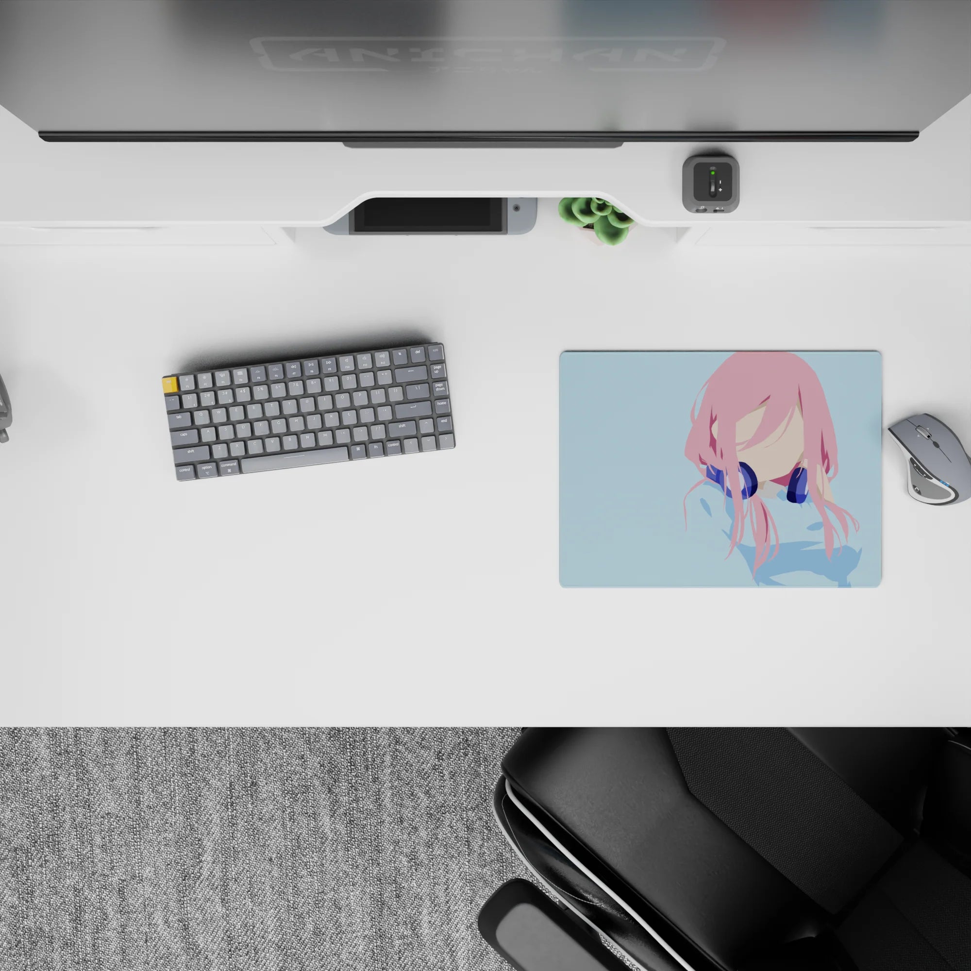 Pastel calm anime girl mouse pad 14x10 inches, airy sky blue background with soft pink and deep navy.