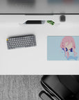 Pastel calm anime girl mouse pad 14x10 inches, airy sky blue background with soft pink and deep navy.