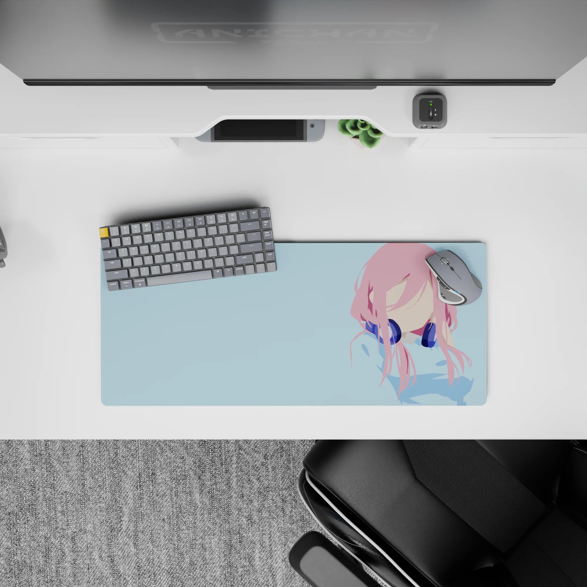 28x12 inches pastel anime desk mat in soft pink and sky blue, calm cozy vibe with clean minimal lines.