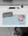 28x12 inches pastel anime desk mat in soft pink and sky blue, calm cozy vibe with clean minimal lines.