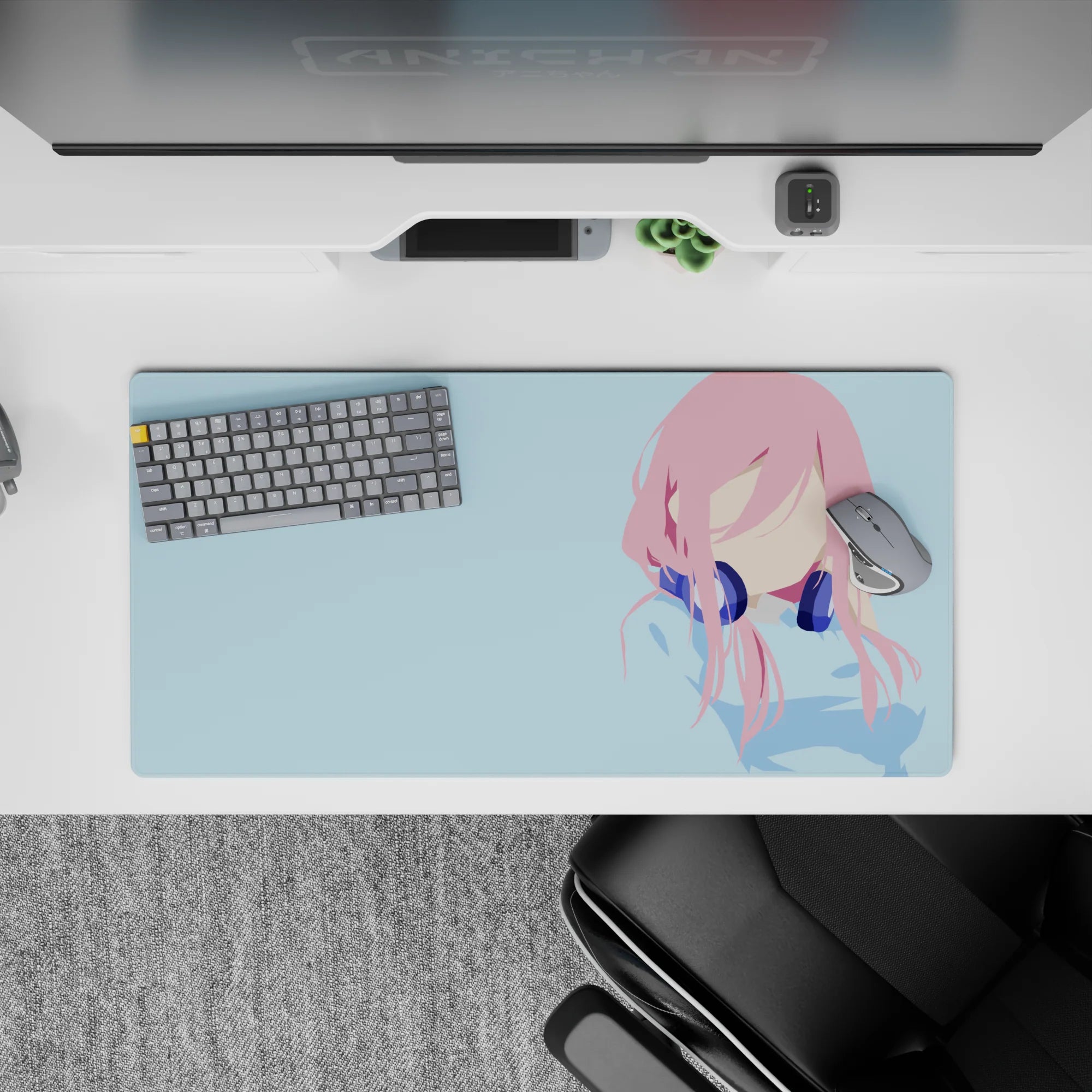 Pastel cozy desk mat mouse pad 32x16 inches in pink, navy, and sky blue with calm minimalist vibe.