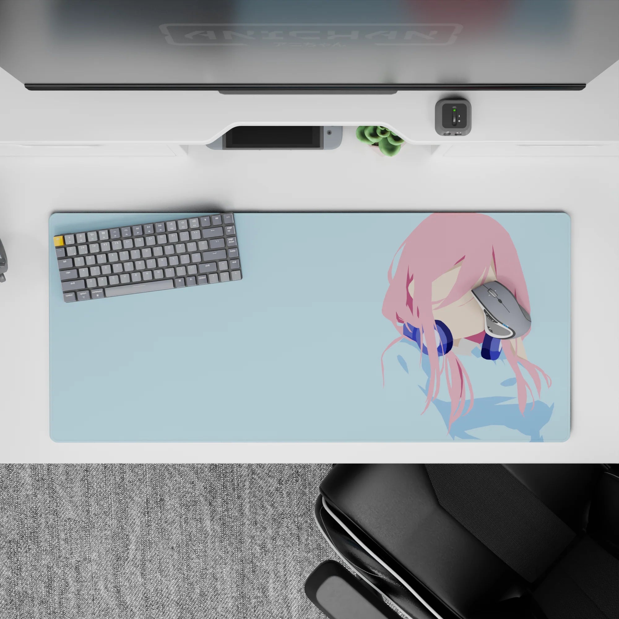 36x16 inches pastel anime desk pad, calm sky blue and pink tones with clean minimal lines and cozy vibe.