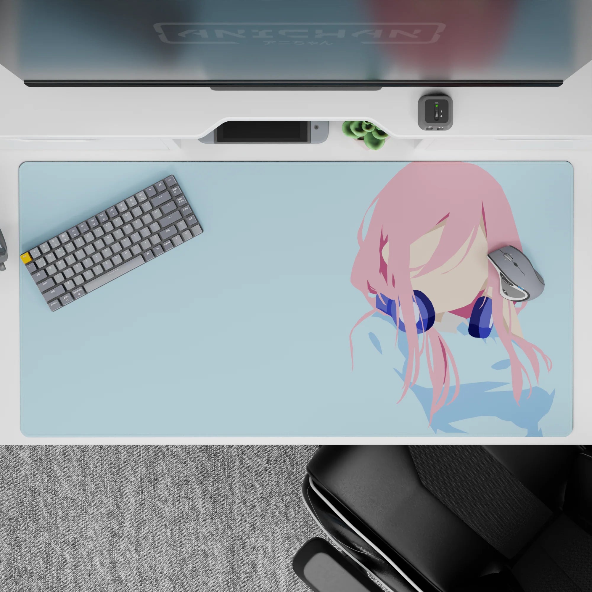 40x20 inches pastel anime desk pad in sky blue, pink and deep navy for a calm cozy vibe.