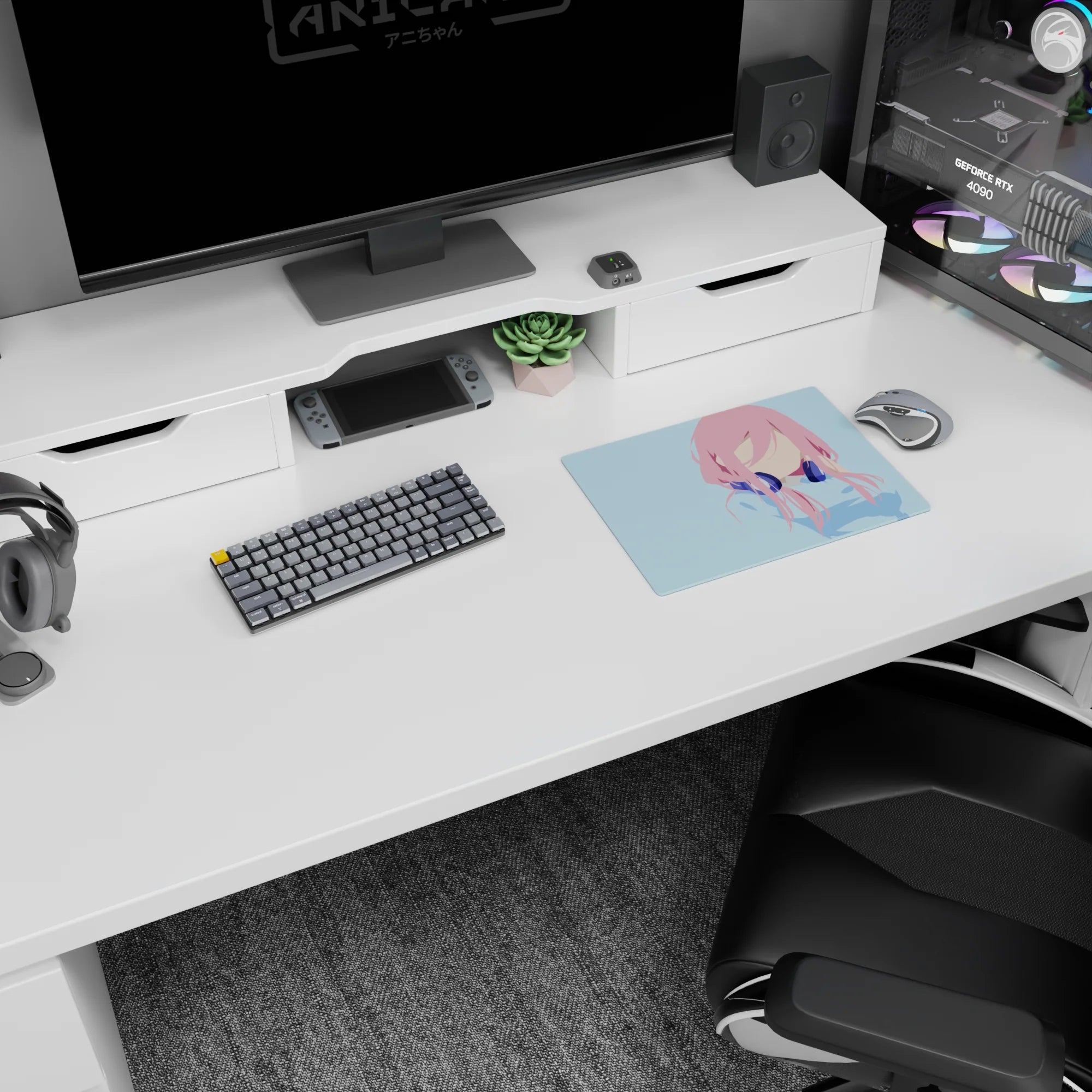 Faceless pink-haired anime girl in big navy headphones on blue backdrop mouse pad 14x10 inches.