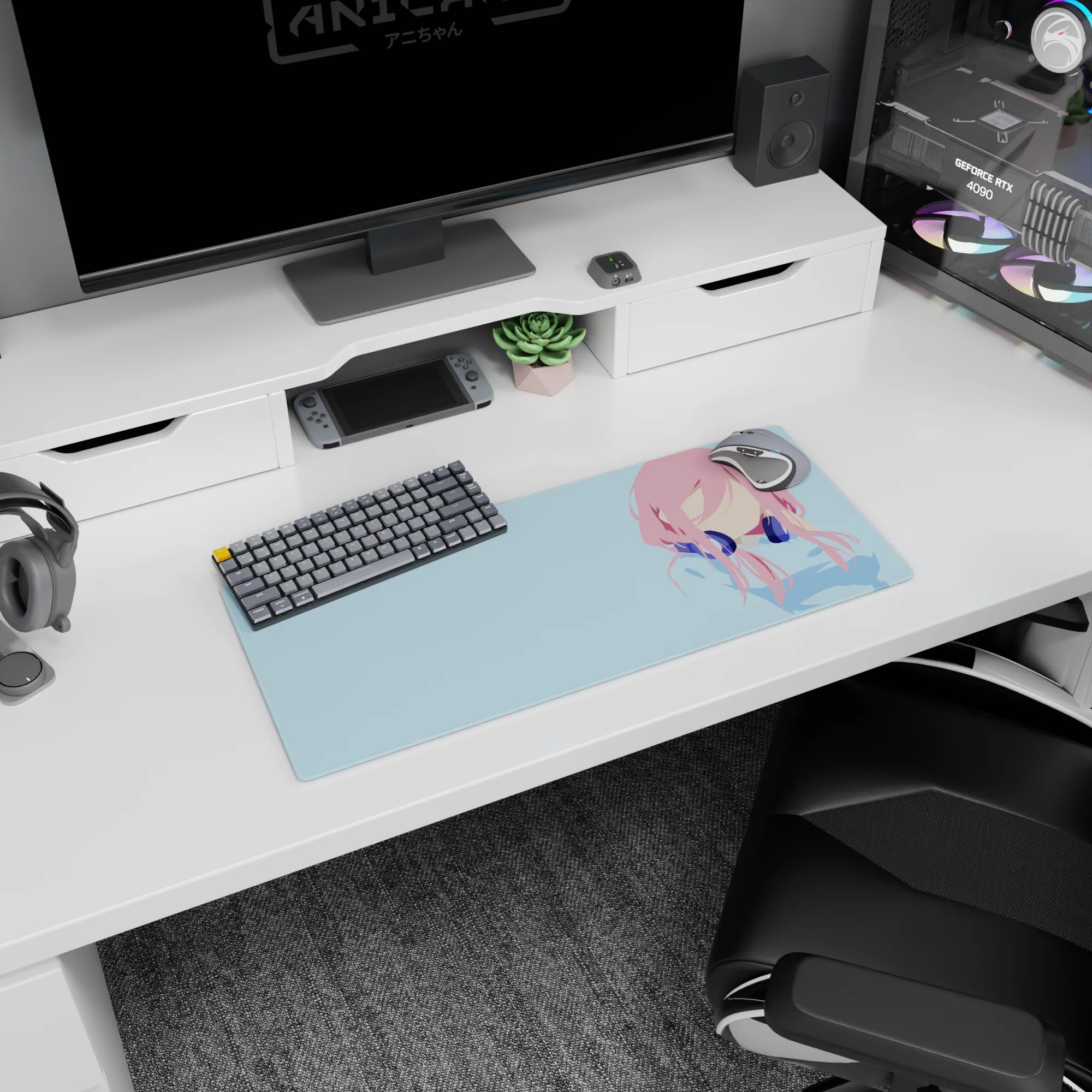 28x12 inches anime mouse pad showing a faceless pink-haired girl wearing deep navy headphones, centered.