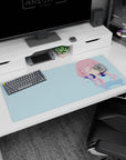36x16 inches anime girl desk pad showing a pink-haired figure in deep navy headphones, centered on blue.