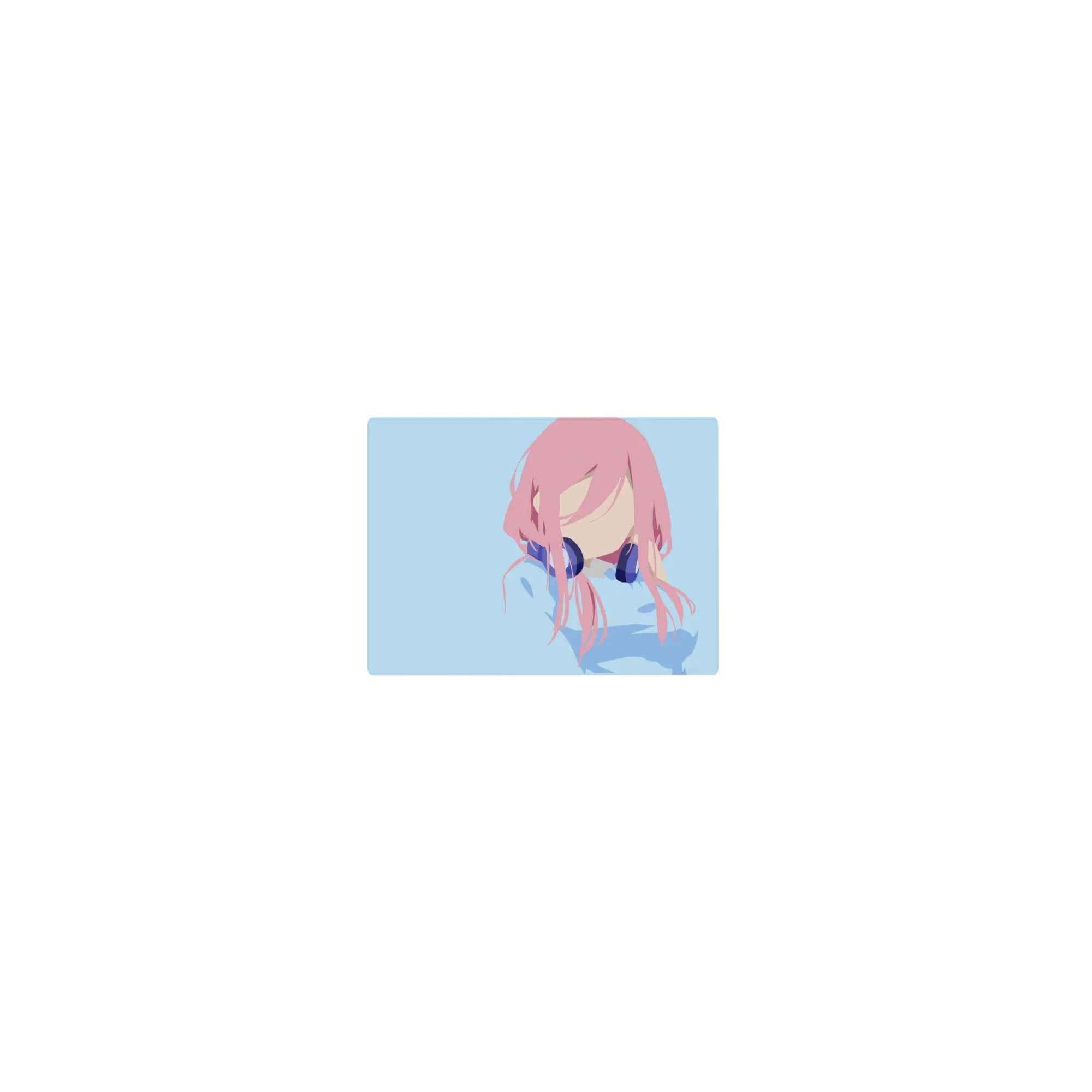 Classic anime girl mouse pad 14x10 inches with pink-haired faceless idol in navy headphones on sky blue.