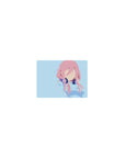 Classic anime girl mouse pad 14x10 inches with pink-haired faceless idol in navy headphones on sky blue.