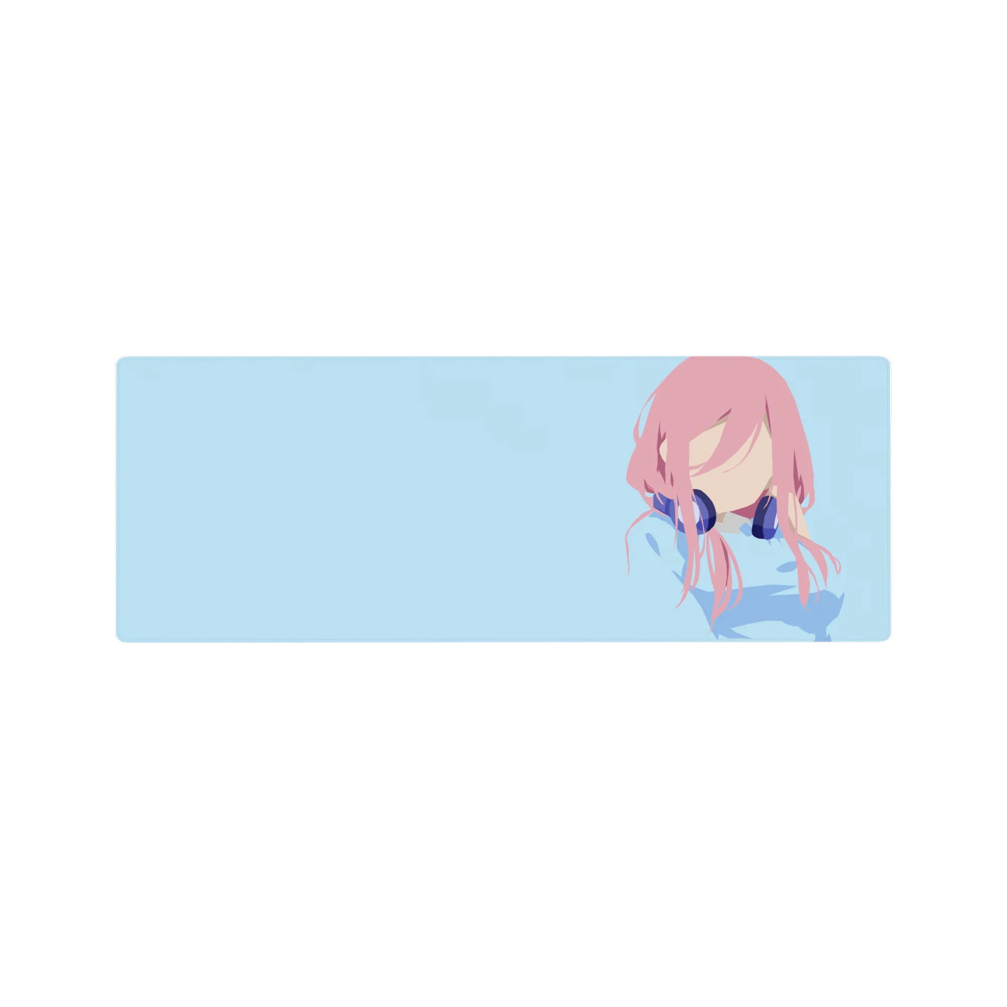 32x12 inches anime girl mouse pad with faceless pink-haired idol and navy headphones on sky blue background.