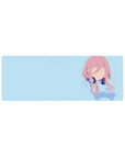 32x12 inches anime girl mouse pad with faceless pink-haired idol and navy headphones on sky blue background.