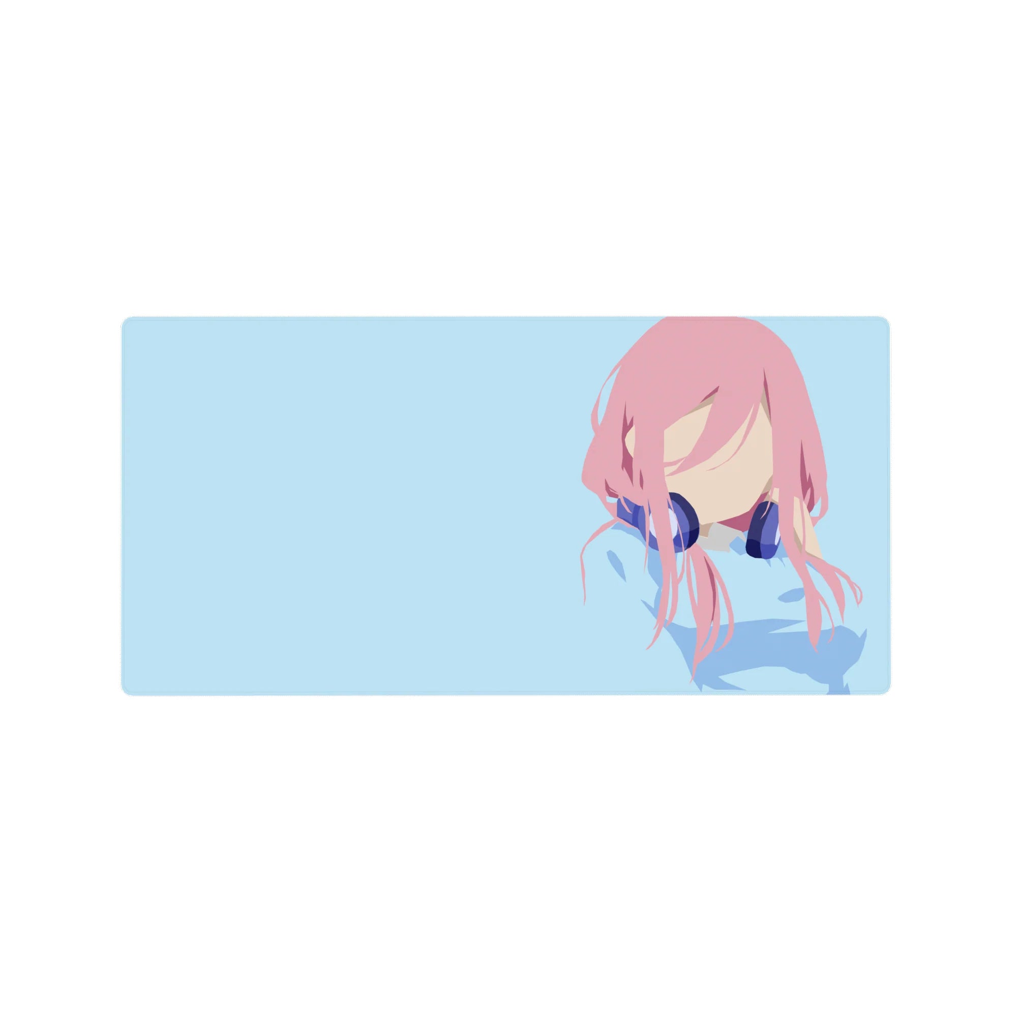 Anime girl mouse pad 32x16 inches with faceless pink-haired idol and navy headphones on sky blue.