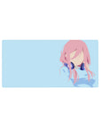 Anime girl mouse pad 32x16 inches with faceless pink-haired idol and navy headphones on sky blue.