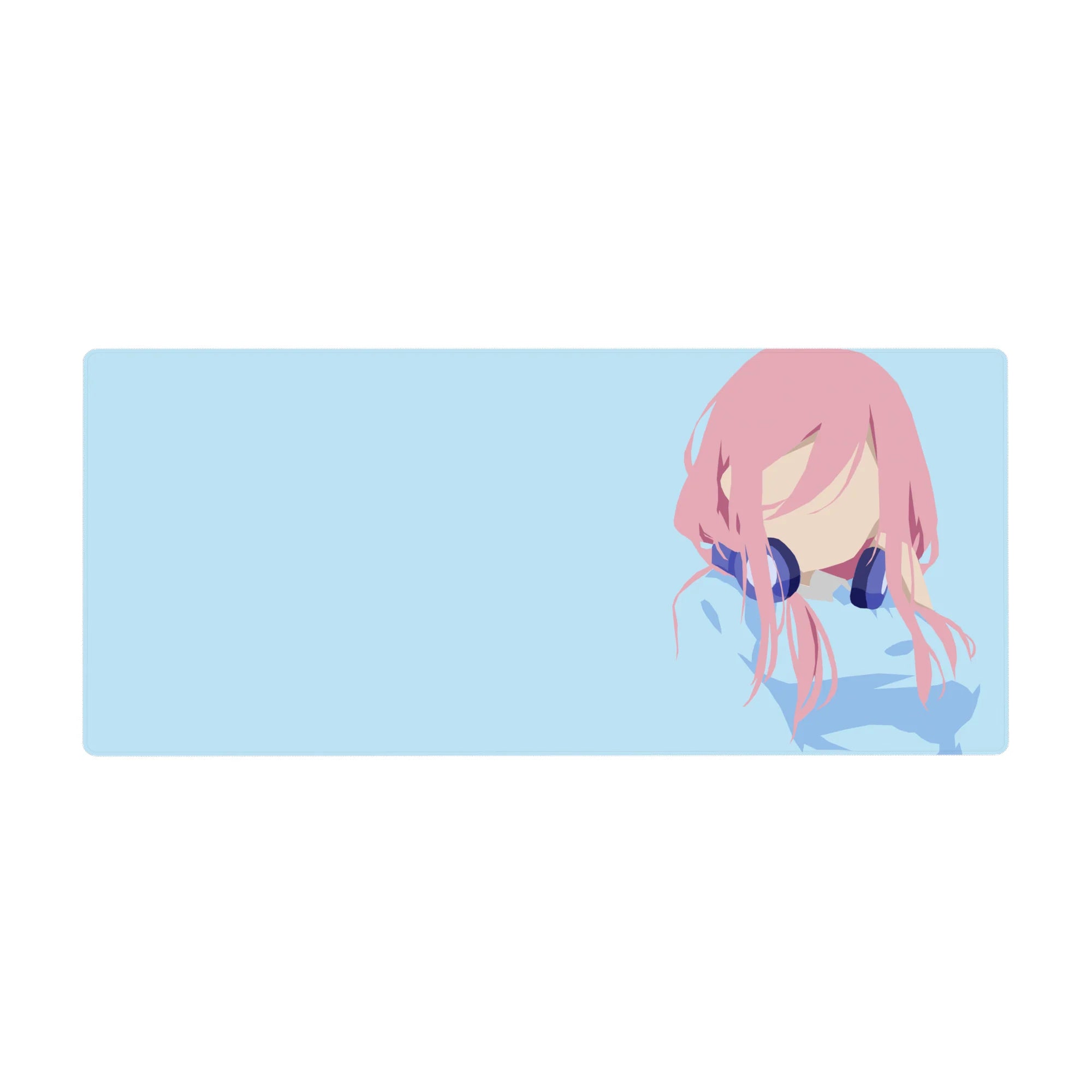 36x16 inches anime girl desk pad with faceless pink-haired idol in navy headphones on sky blue background.