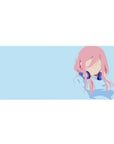 36x16 inches anime girl desk pad with faceless pink-haired idol in navy headphones on sky blue background.
