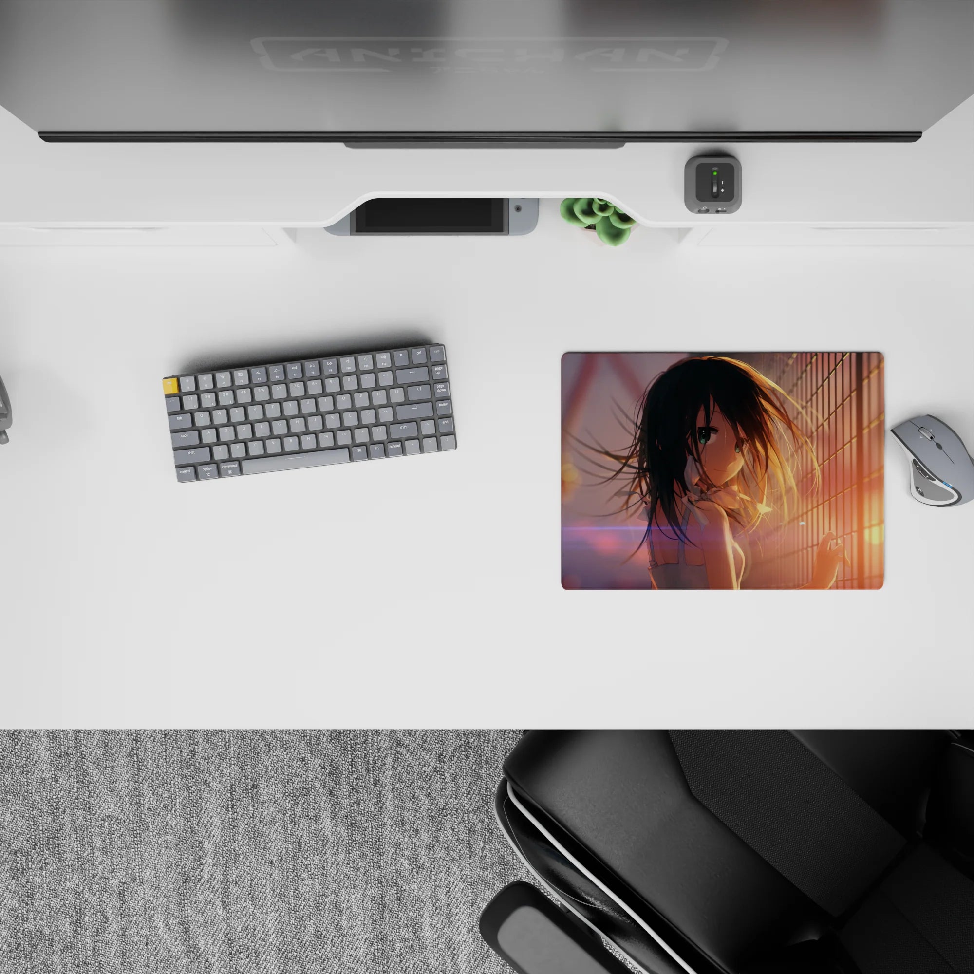 Warm sunset glow anime mouse pad 14x10 inches with teal eyes, lilac flares, dreamy lonely vibe.