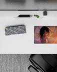 Warm sunset glow anime mouse pad 14x10 inches with teal eyes, lilac flares, dreamy lonely vibe.