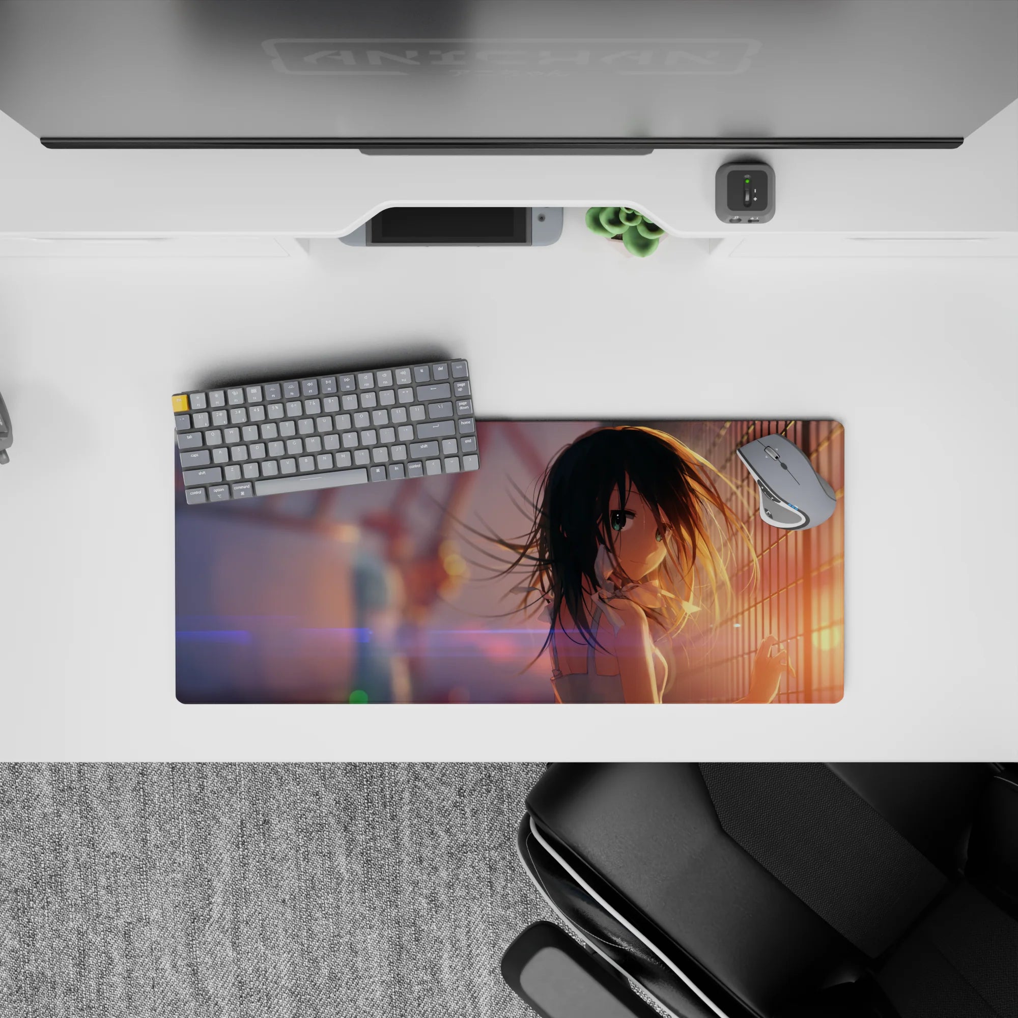28x12 inches anime mouse pad in warm sunset tones with lilac lens flares, dreamy bokeh, wistful vibe.