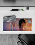 28x12 inches anime mouse pad in warm sunset tones with lilac lens flares, dreamy bokeh, wistful vibe.
