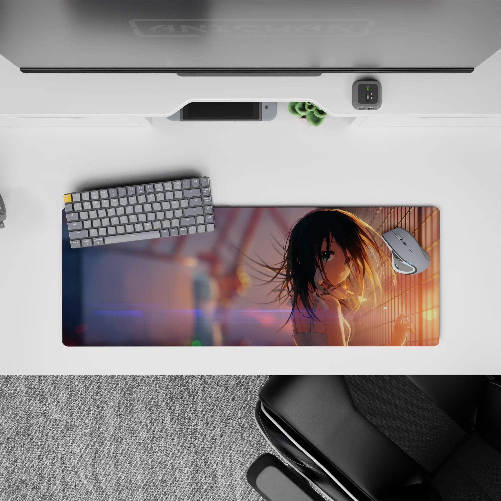 32x12 inches anime girl mouse pad in warm sunset tones with lilac lens flares and dreamy, lonely vibe.