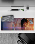 32x12 inches anime girl mouse pad in warm sunset tones with lilac lens flares and dreamy, lonely vibe.